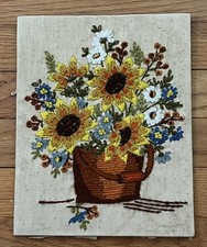Vintage Handmade Needlepoint Embroidered Floral Wall Hanging 8.25" x 10.5"