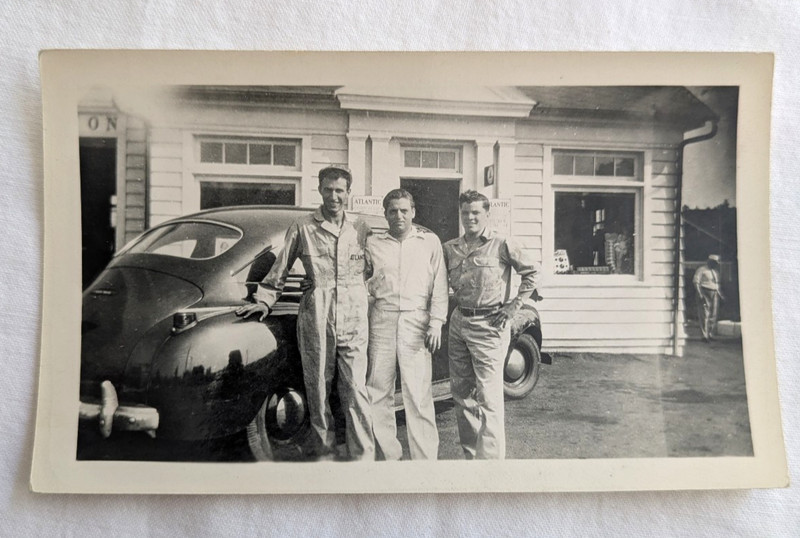 Atlantic Gas Service Station Attendant White Flash Signs Car Auto Snapshot Photo