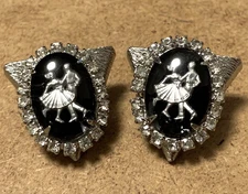 Vintage South Western Dancing Black Cameo Glass Rhinestones Dress Collar Clips