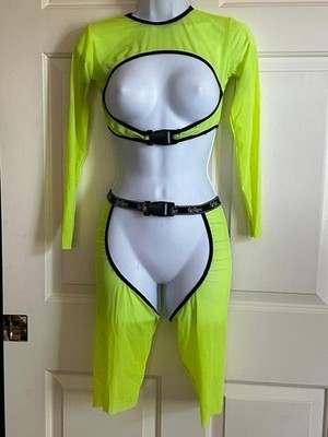* Goguy Clothing Neon Lime Green Mesh Cut Out Buckle Rave Festival 2PC Set  S