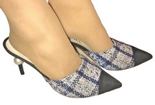 Chanel Tweed Goatskin Pearl Mules In Tweed Pointed Cap Toe Mules SZ 37.5