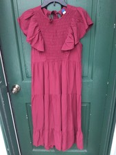 Old Navy Burgundy Smocked Ruffle Tiered Midi Dress Flutter Sleeve Women's Size S