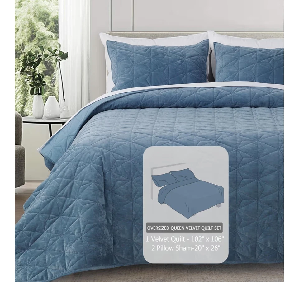 Juego de edredón de terciopelo Queen de gran tamaño KASENTEX 102" x106, de lujo, 3 piezas azul marino  Foto 2 de 4