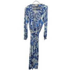 RIXO Annora Dress Womens 10 Blue Floral Maxi Long Sleeve V Neck Belted