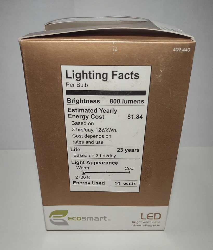 EcoSmart LED Dimmable BR30 Lamp 800 Lumens (75W equivalent) 409-440 NEW IN BOX! - Image 2 of 4