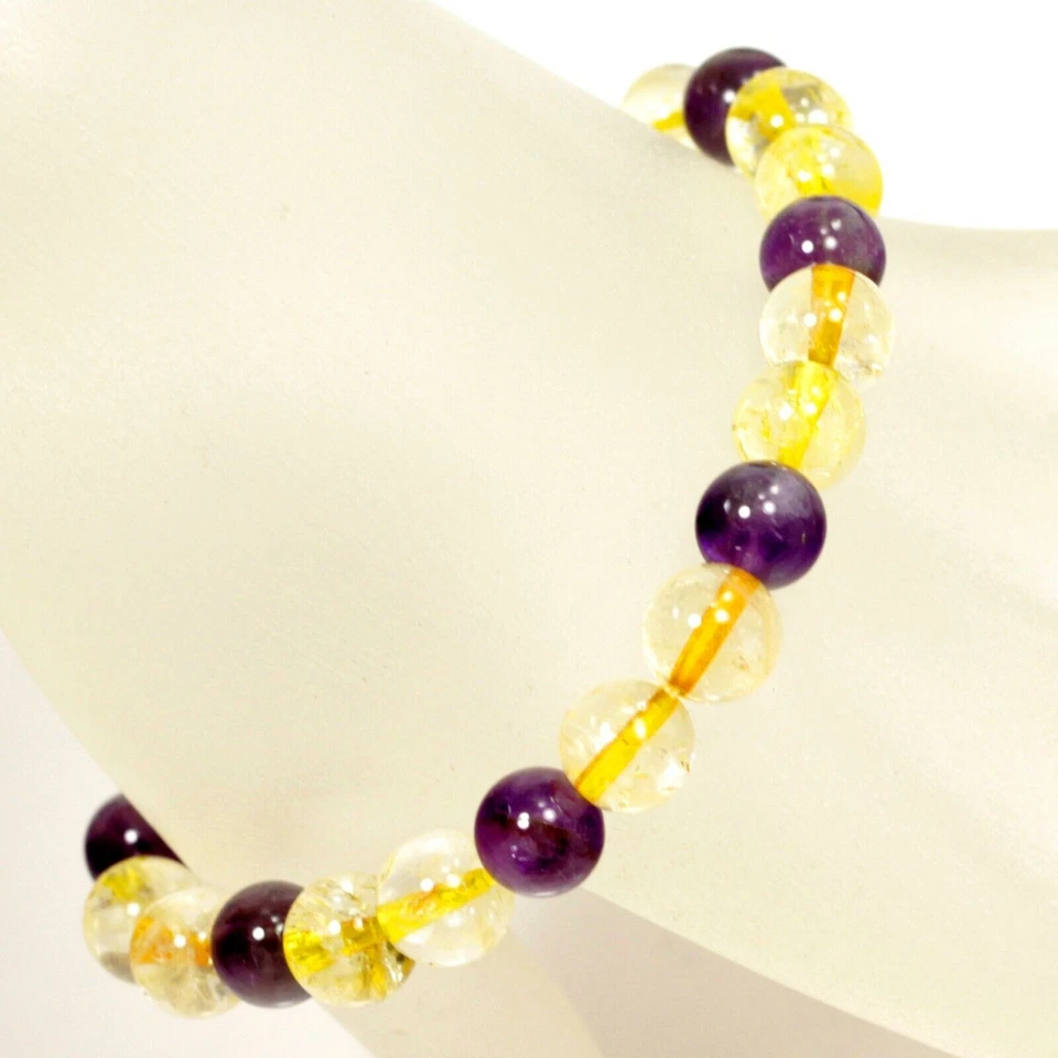 Pulsera de ametrino cuentas redondas piedras preciosas curativas púrpura y amarillo elástico Foto 2 de 4