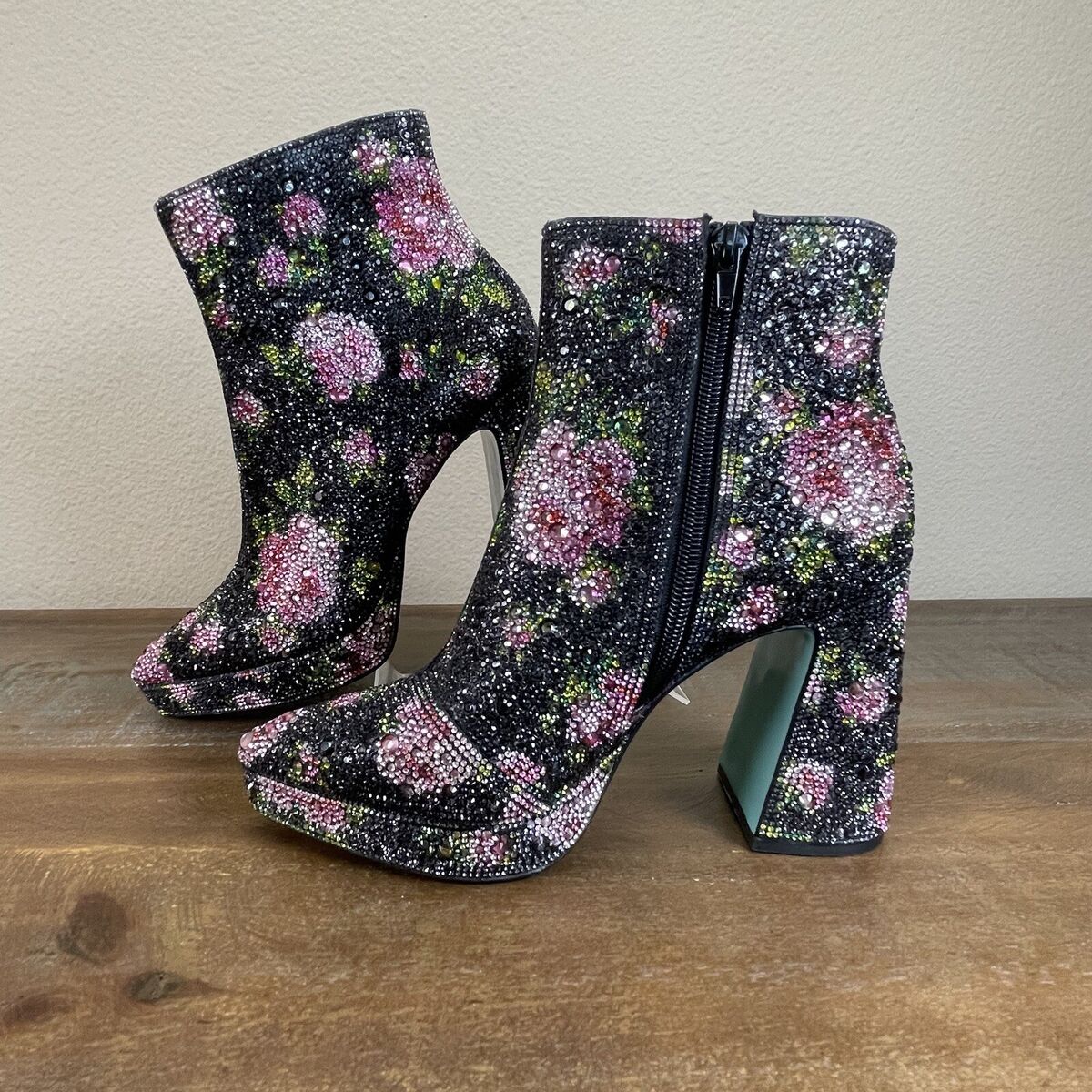 Betsy Johnson Della Black Floral Ankle Boots Rhinestone