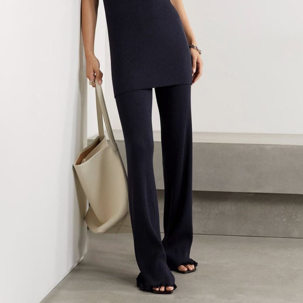 THE ROW Carmine Ribbed Silk Cotton Straight Leg Pants Navy Size