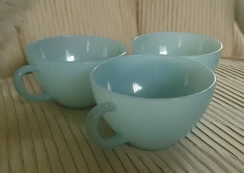 Vintage Fire King Delphite Blue Coffee Teacups Round Set of 3