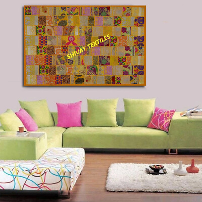 タペストリー India Indian Yellow Cotton Vintage Tapestry Patchwork Wall Hanging