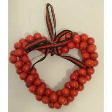 Red Wood Bead Heart Ornament Christmas Wedding Holiday 4 inch USA