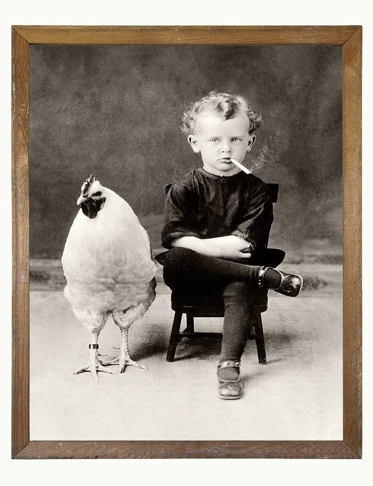 A deliberately weird 'Kid and Chicken Smoking' retro poster that nails the surreal vintage humor aesthetic — the kind of wall art that stops guests mid-sentence.