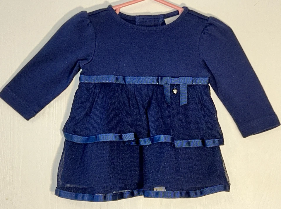 Vestido Maggie & Zoe Bebé Niña 3-6M Azul Marino Manga Larga Tul Niveles Cinta Lazo Foto 2 de 4