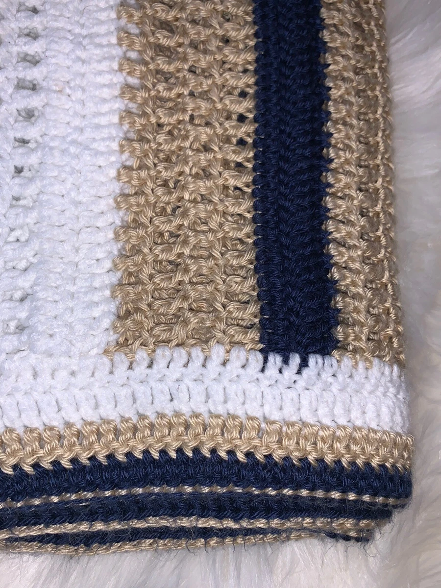 Handmade Crochet Baby Blanket for Boy Blue, Brown, White 