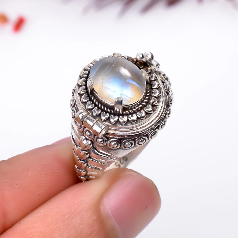 Anillo venenoso hecho a mano de piedras preciosas de luna naturales anillo venenoso de piedra lunar de plata 925 Foto 4 de 4