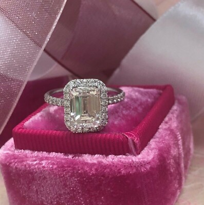 2Ct White Emerald Cut Lab Created Diamond 14k White Gold Over Halo Wedding Ring