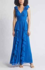 Eliza J Navy Cobalt Blue Pleat Ruffle Sleeveless Gown Size 14 $288