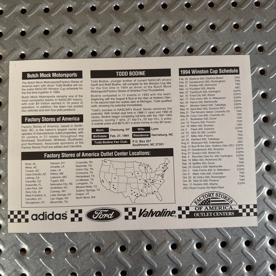 Tarjeta de héroe de la Copa Nascar Winston 1994 firmada por Todd Bodine en las tiendas de fábrica #75 “firmada” Foto 3 de 3