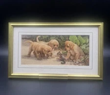 Three’s A Crowd Print By Jim Lamb 3 Labrador Puppies Gold Coloured Frame Vintage