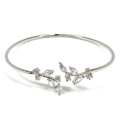 Dainty Leaves Zircon Stones Open Bangle Bracelet Silver Plated Titanium Steel