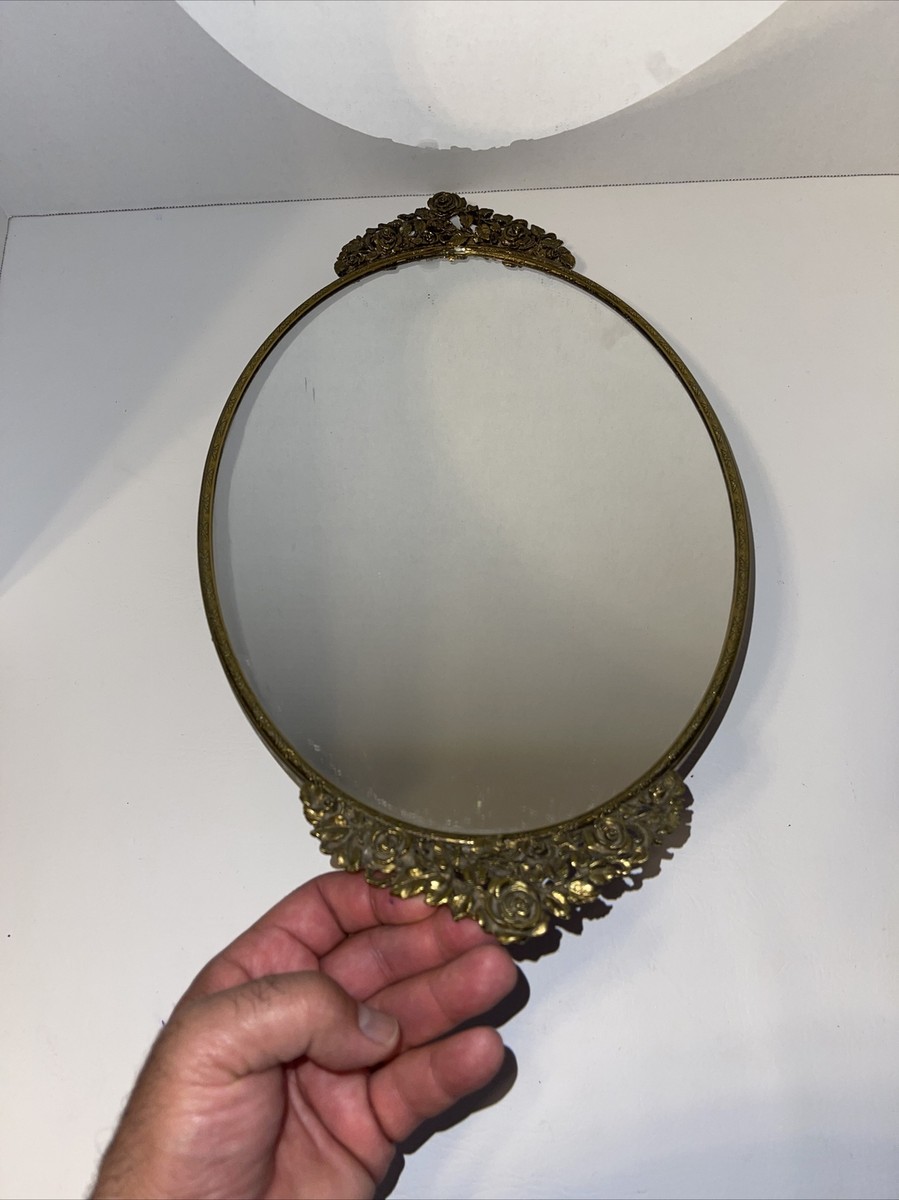 Vintage Filigree Ornate Gold Oval Mirror Dresser Tray Rose Handle Matson.  T2. | eBay