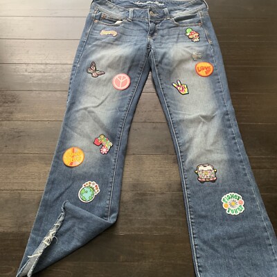 American Eagle Slim Boot Stretch Women s Jeans Embroidered Peace Love Size 33x30
