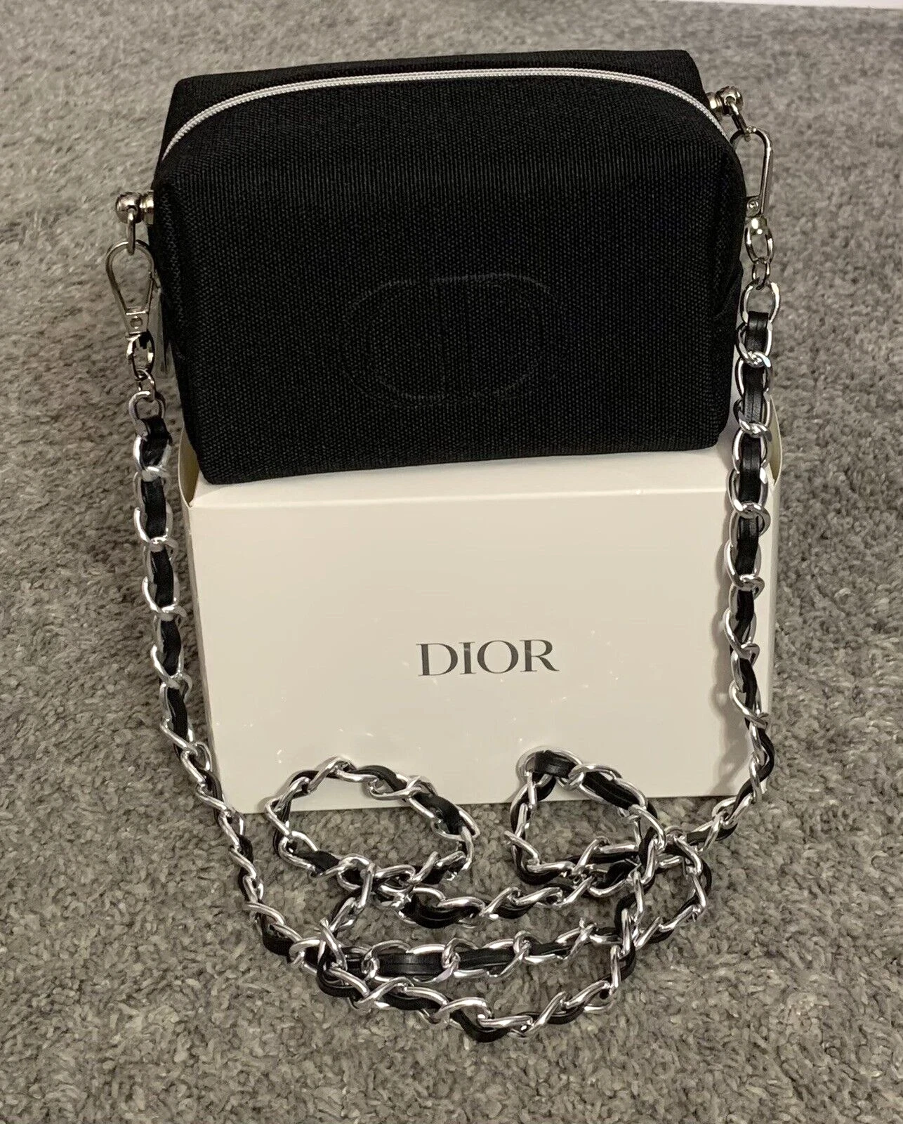 DIOR Sac Bandoulière Noir Chaîne Argentée Pochette Soirée Cosmétique Beauté Pochette NEUF