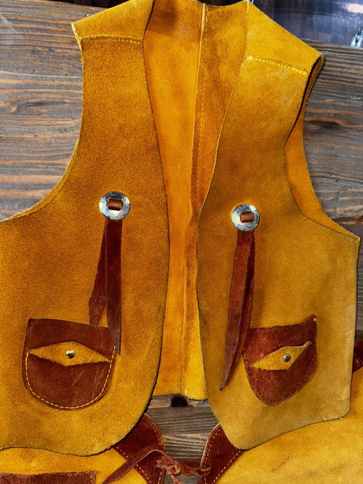 Chaps de cuero vaquero/niña conjunto M&F niños chaps y chaleco CUERO REAL PESADO Foto 2 de 4