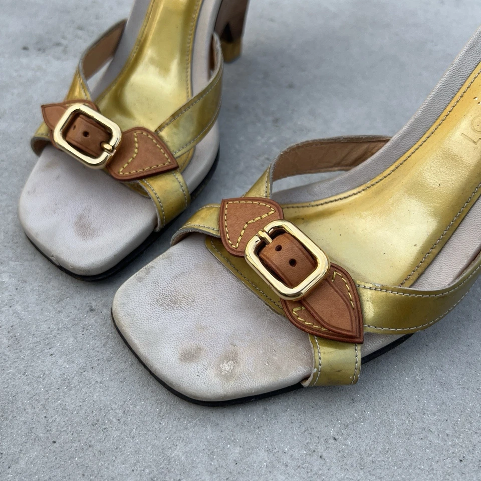 Louis Vuitton | Authentic Vintage Iconic Shimmery Gold Buckle Wedge Heels (37) - Image 3 of 4