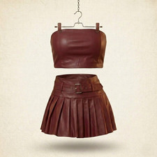 Brown Leather Two Piece Set, Strapless Top, Pleated Skirt, Party Wear Outfit