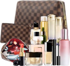 2 Pack Makeup Bag Set for Women, Large Brown Leather Cosmetic Bag  Small Zipper