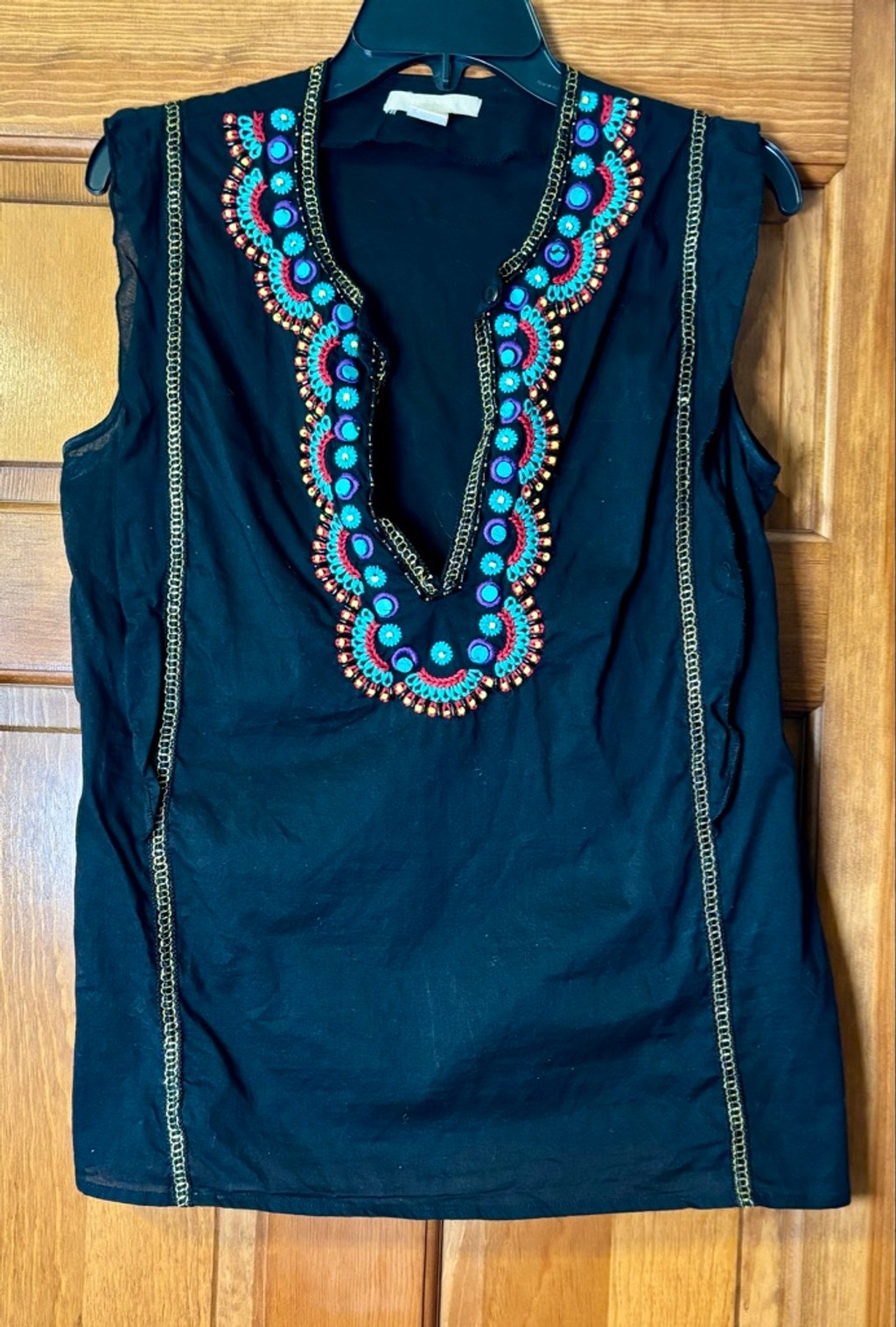 Joan Vass Black Embroidered Beaded Sleeveless Top Size M Boho Chic