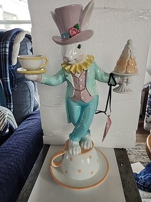 TOPHAT & TAIL Mad Hatter Easter Bunny Balancing Teacup 16'' Pastel Macaroon New