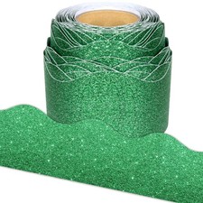 65.6Ft Green Glitter Bulletin Board Border, Self-Adhesive Scalloped Trim, Decor