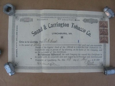 ORIGINAL 1900 LYNCHBURG VA VIRGINIA STOCK CERTIFICATE SNEAD CARRINGTON TOBACCO