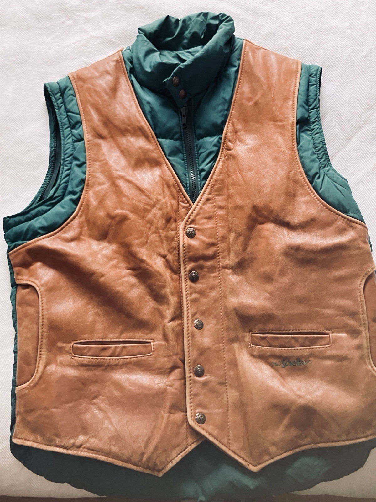 Chaleco de Colección Raro Schott NYC Cuero y Relleno de Plumón Talla 42 - Icónico Años 80/90