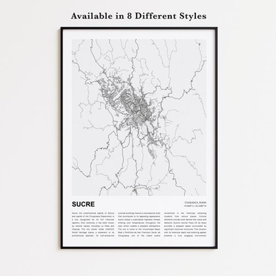 Sucre City Map Print, Chuquisaca Travel Poster, Modern Map, Wall Decor Art