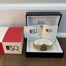 ESQ Esquire Swiss Movado Men’s Wrist Watch # 300488, Gold Tone, Complete in Box
