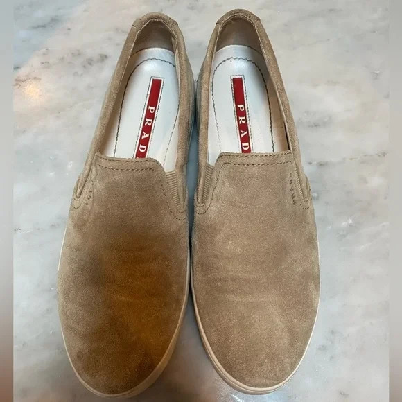 Prada Tan Suede Womens Slip-On Sneakers Size 37.5 7.5 Authentic Designer Preowned