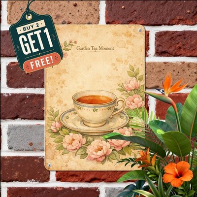 Elegant Floral Tea Cup Painting Tin Sign Vintage Shabby Chic Kitchen Wall Decor