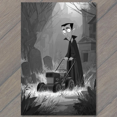 Art Print Dracula Mowing Graveyard Lawn Gothic Cartoon Dark Humor Cemetery