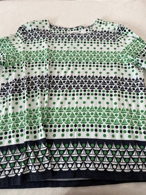 Alfred Dunner Sailboat Top Women's Lg Navy Green White Polka Dot 3/4 Sleeve E15