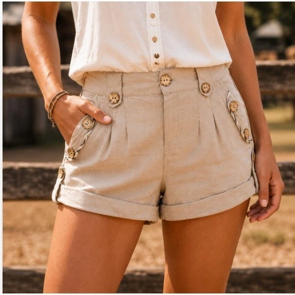 Miss Me Linen Blend Rolled Cuff Button Oatmeal Beige Nautical Country Shorts L