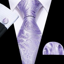 ITALIAN DESIGNER Lilac Purple Paisley SILK TIE, HANKY, CUFFLINKS 