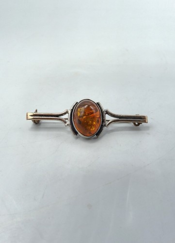 Broche en argent massif 925 et cabochon en ambre Design XXème - Photo 1/5