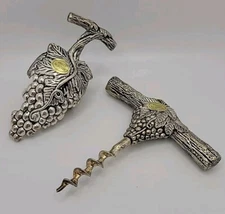 Grapevine 2 pc Bar Barware Set Wine Bottle Stopper Corkscrew Silver Plated NWOB