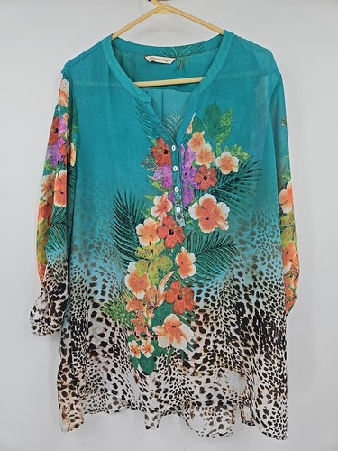Soft Surroundings Top Shirt XL grün Blumen Animal Print Rollriegel Ärmel transparent