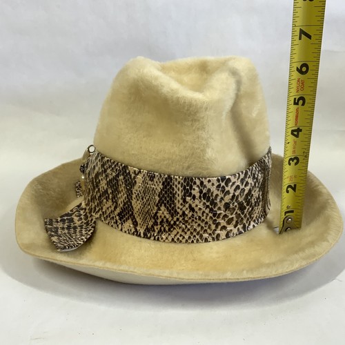 Vintage Faux Fur Hat Austria Ivory Snakeskin Bling Mob Wife Fedora Small - Picture 6 of 10
