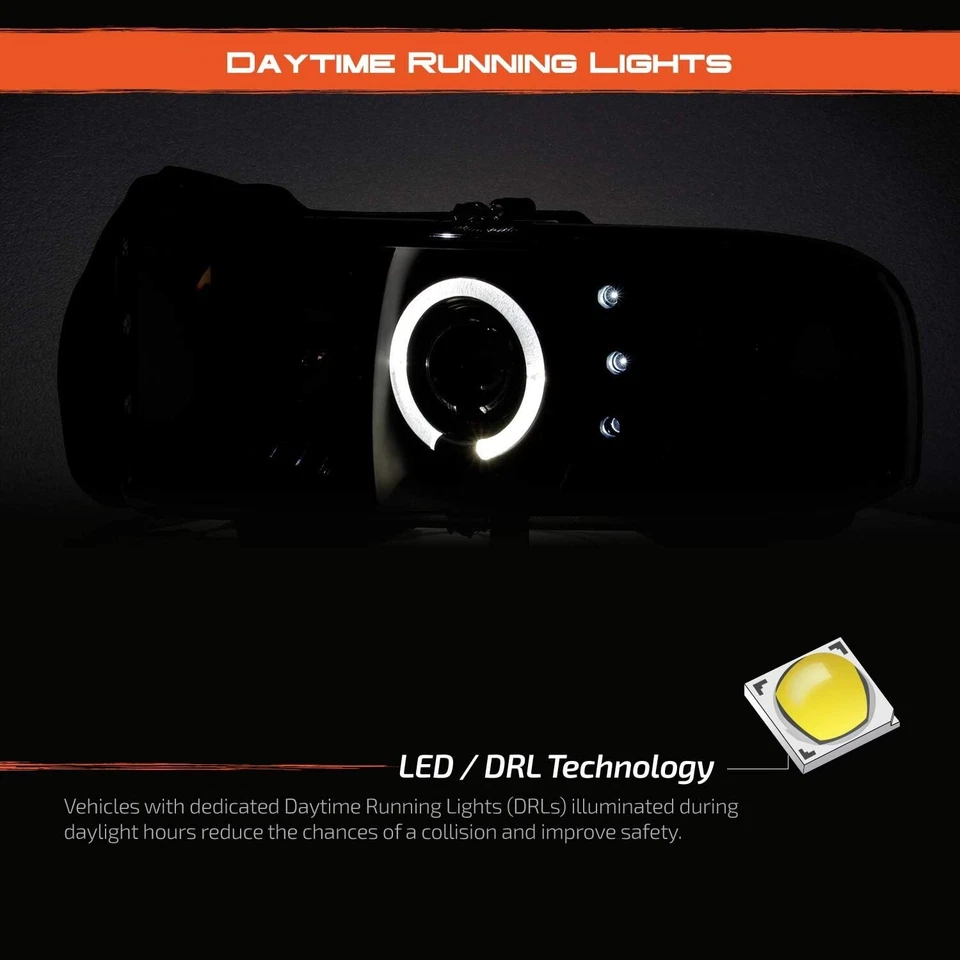 For 1994-2002 Dodge Ram 1500 2500 3500 Black Smoke Halo LED Projector Headlights - Image 4 of 4