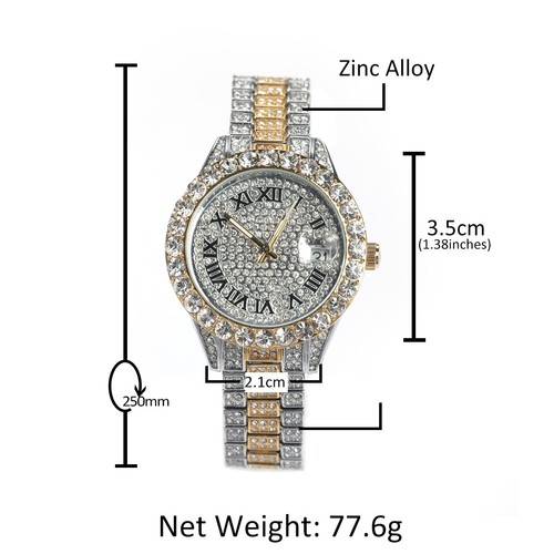 Hip Hop Gold Oberfläche Bling Unisex römische Ziffer Luxus Rapper Quarzuhr 35mm - Bild 7 von 15